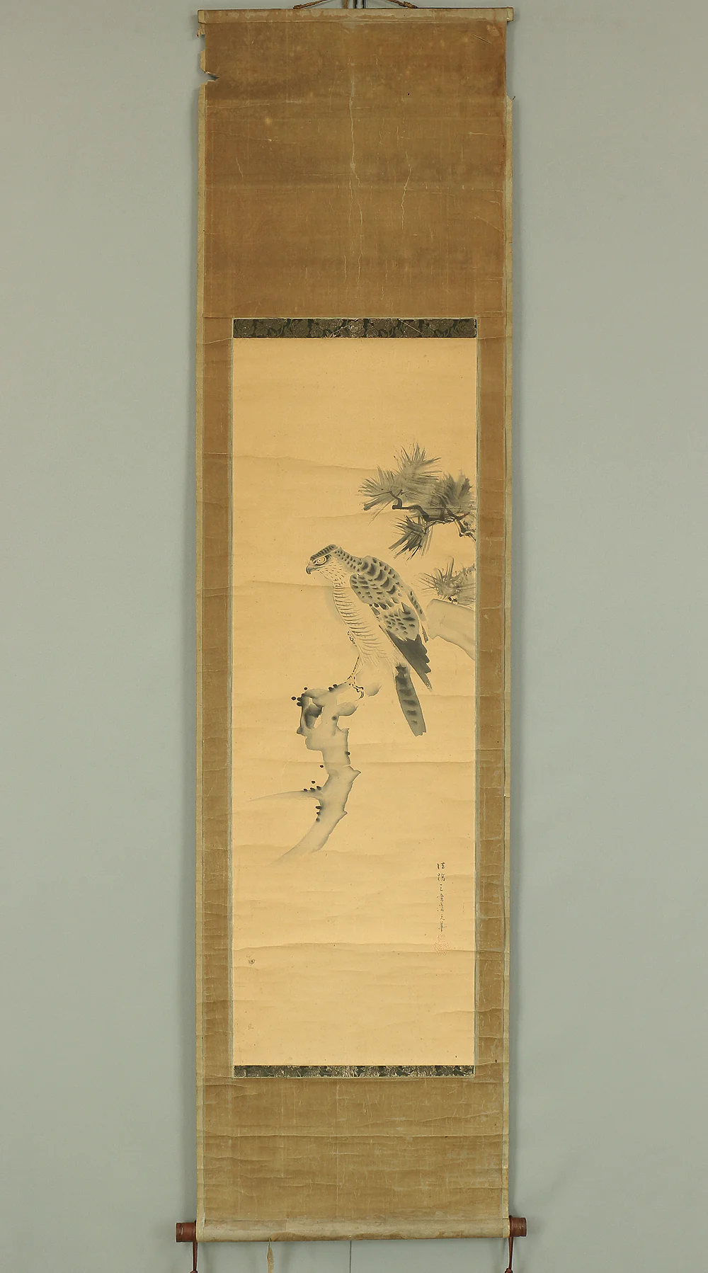 安達三楽斎元善 Adachi Sanrakusai Motoyoshi (b1791) Japanese antique art kakejiku kakemono wall hanging scroll / Hawk and Pine RB130 - Image 2