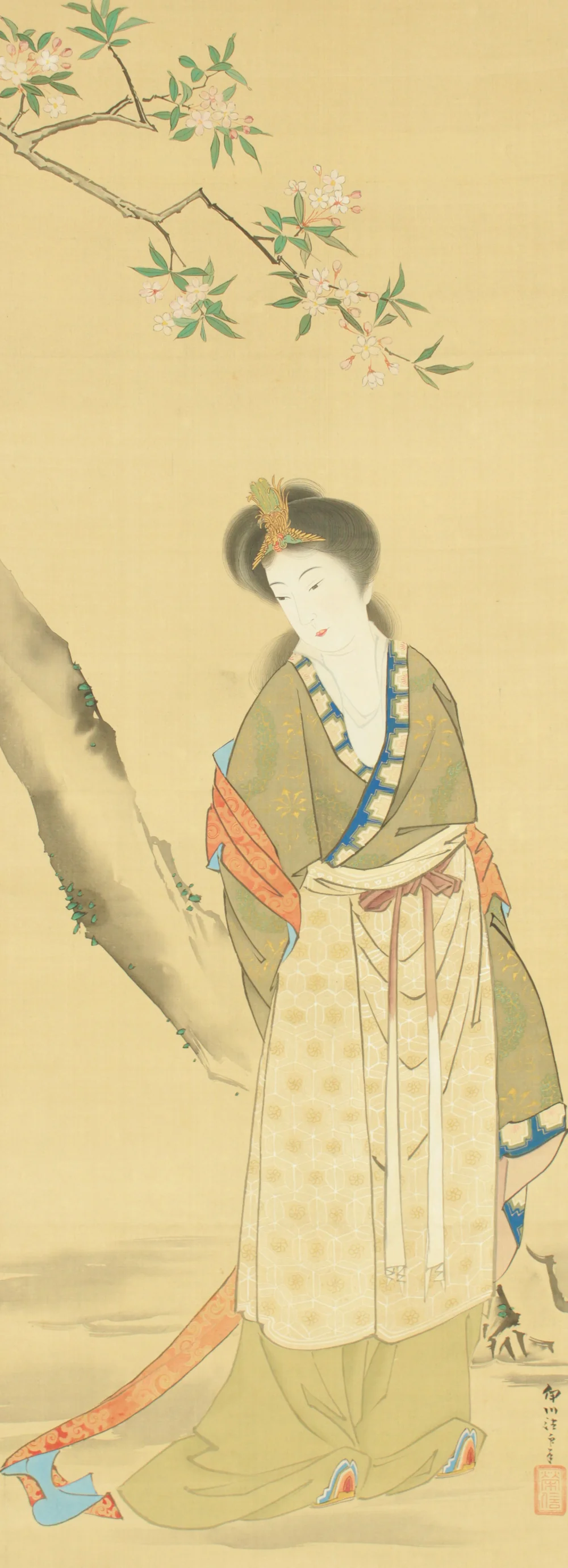 狩野伊川院栄信 Kano Isenin Naganobu (1775-1828) Japanese antique art a set of three kakejiku kakemono wall hanging scrolls / Queen Mother of the West 西王母 (Seioubo) Chinese Beautiful Woman in Mythology and Three Cranes Two Peafowl with Box RD126 - Image 19