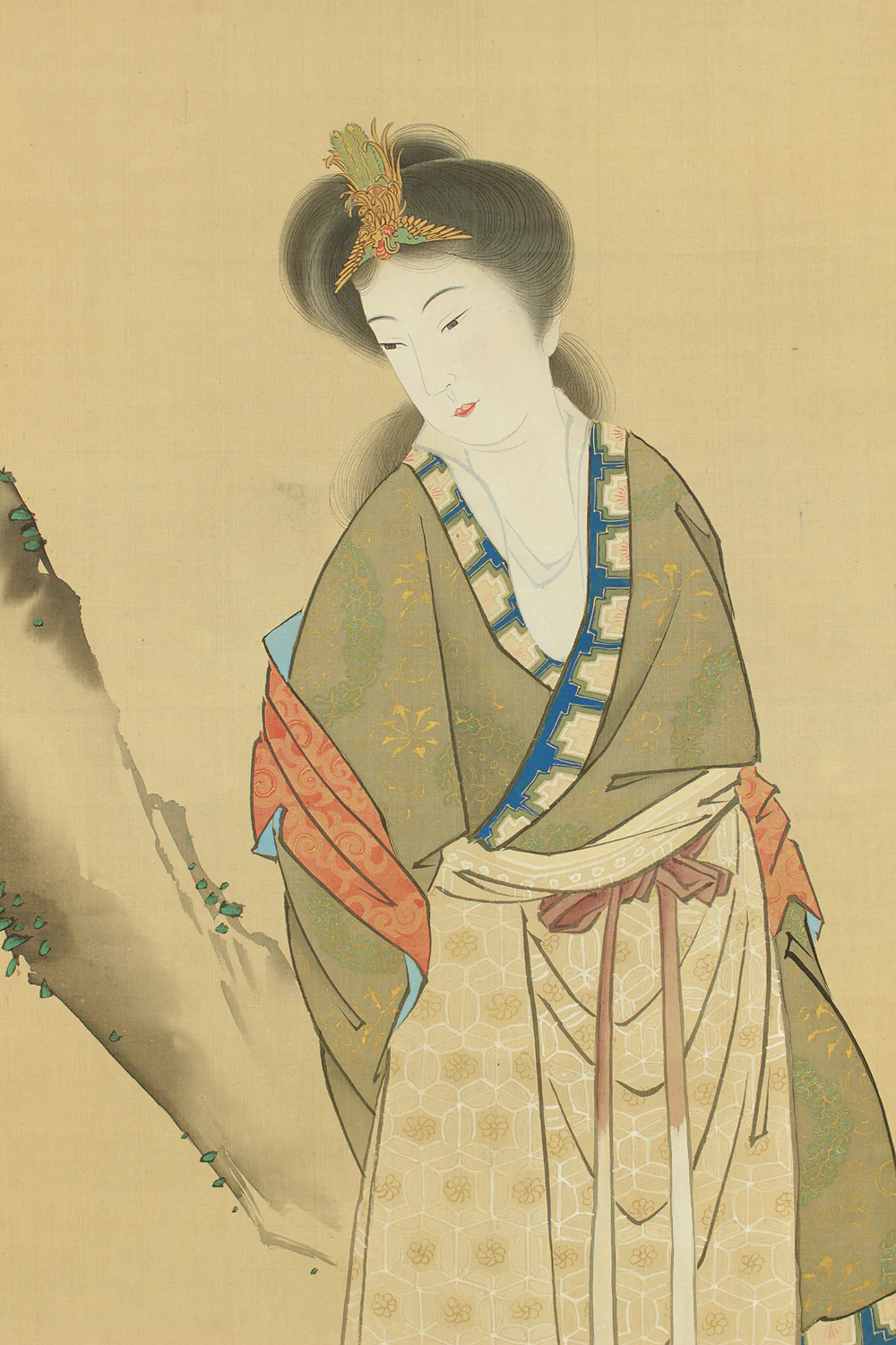 狩野伊川院栄信 Kano Isenin Naganobu (1775-1828) Japanese antique art a set of three kakejiku kakemono wall hanging scrolls / Queen Mother of the West 西王母 (Seioubo) Chinese Beautiful Woman in Mythology and Three Cranes Two Peafowl with Box RD126 - Image 21