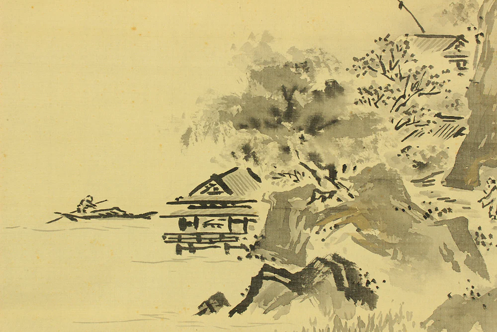 狩野伊川院栄信 Kano Isenin Naganobu (1775-1828) Japanese antique Paired kakejiku kakemono wall hanging scrolls / Broken Ink (Haboku Sansui) Summer and Winter Landscape with Box RD199 - Image 9