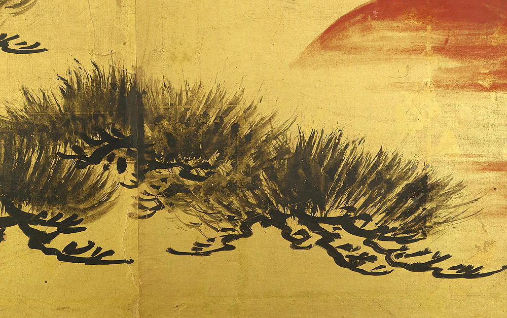 狩野晴川院養信 Kano Seisenin Osanobu (1796-1846) Gold Leaf Pine Tree and Rising Sun Furosaki Byobu Two Panels Folding Screens Room Dividers VA955 - Image 7