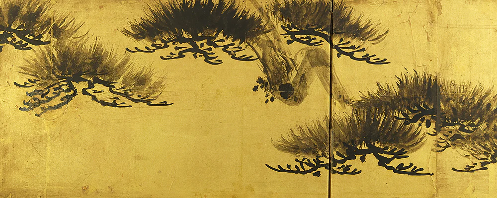 狩野晴川院養信 Kano Seisenin Osanobu (1796-1846) Gold Leaf Pine Tree and Rising Sun Furosaki Byobu Two Panels Folding Screens Room Dividers VA955 - Image 9