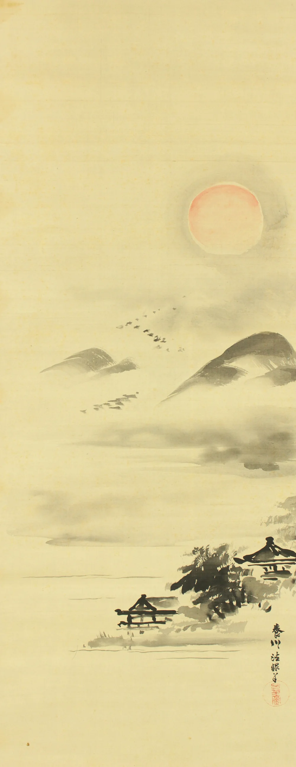 狩野養川院惟信 Kano Yosenin Korenobu (1753-1808) Japanese antique Paired kakejiku kakemono wall hanging scrolls / Landscapes Rising Sun and Moon with Appraised Box RD631 - Image 4