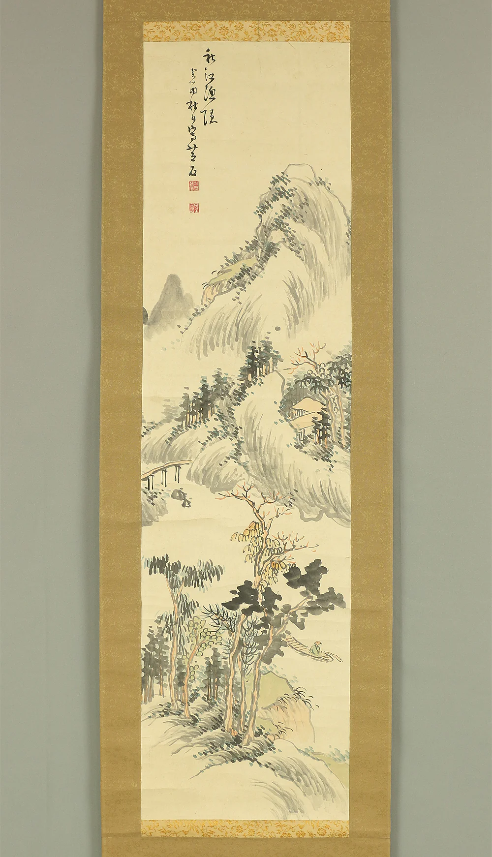 牧野静修 (芝石) Makino Seishu Shiseki (1840-1903) Japanese art kakejiku kakemono wall hanging scrolls / Autumn River Fishing Landscape with Box RC634