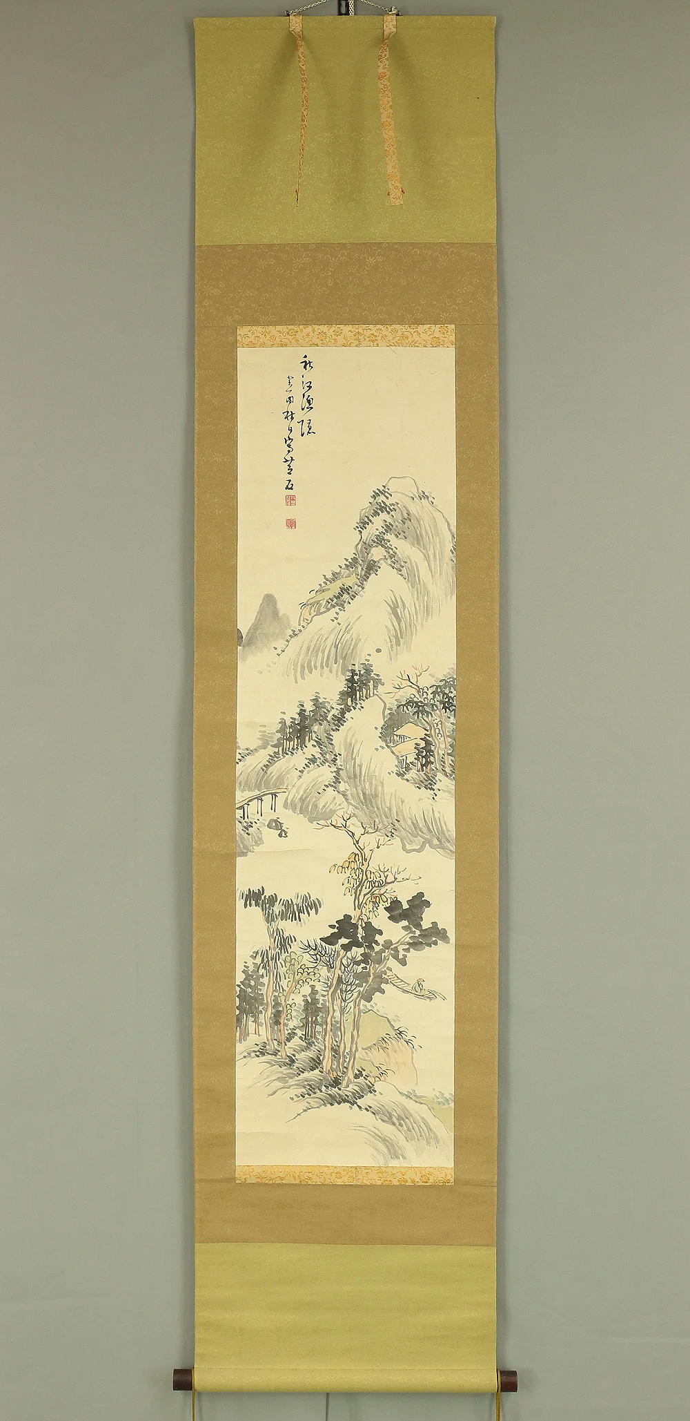 牧野静修 (芝石) Makino Seishu Shiseki (1840-1903) Japanese art kakejiku kakemono wall hanging scrolls / Autumn River Fishing Landscape with Box RC634 - Image 2