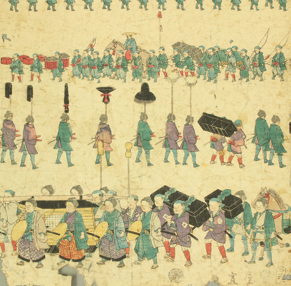 二代目歌川広重 Utagawa Hiroshige II (1826-1869) Japanese antique art Original Ukiyo-e woodblock print / Hana no Akebononisiki no Gyoretsu (Daimyō Procession) 花廾曙錦の行烈 (Middle Print of Triptych) OW360 - Image 8
