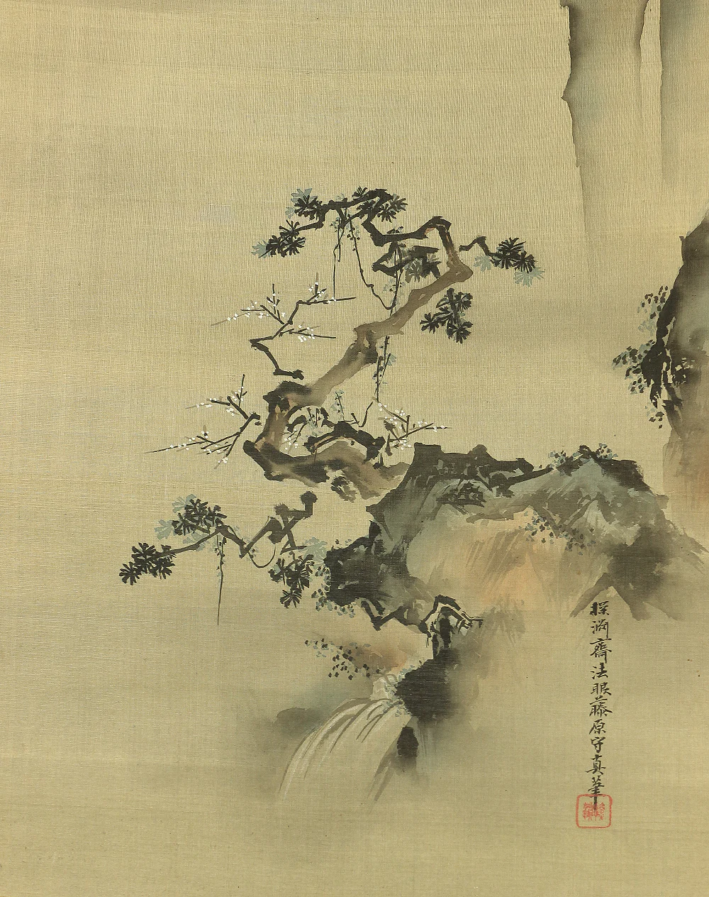 狩野探淵守真 Kano Tanen Morizane (1805-1853) Japanese art a set of two kakejiku kakemono wall hanging scrolls / Sansui Landscapes Wild Geese Pine Plum Bamboo and Waterfall with Box RC282 - Image 7