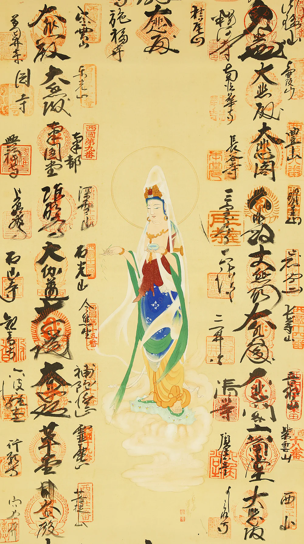 西国三十三所 Saigoku sanjūsanjo (33 pilgrimage places in the West) - Saigoku Kannon Pilgrimage 雲上聖観音 Unjoshokannon (Avalokitesvara Bodhisattva standing on a cloud) with Original Box (Tomobako) / Japanese Buddhism art kakejiku kakemono wall hanging scroll RD894 - Image 7