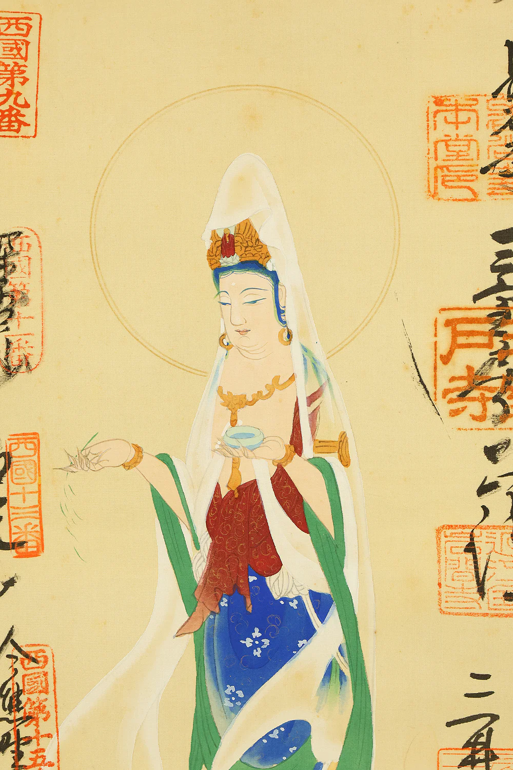 西国三十三所 Saigoku sanjūsanjo (33 pilgrimage places in the West) - Saigoku Kannon Pilgrimage 雲上聖観音 Unjoshokannon (Avalokitesvara Bodhisattva standing on a cloud) with Original Box (Tomobako) / Japanese Buddhism art kakejiku kakemono wall hanging scroll RD894 - Image 8