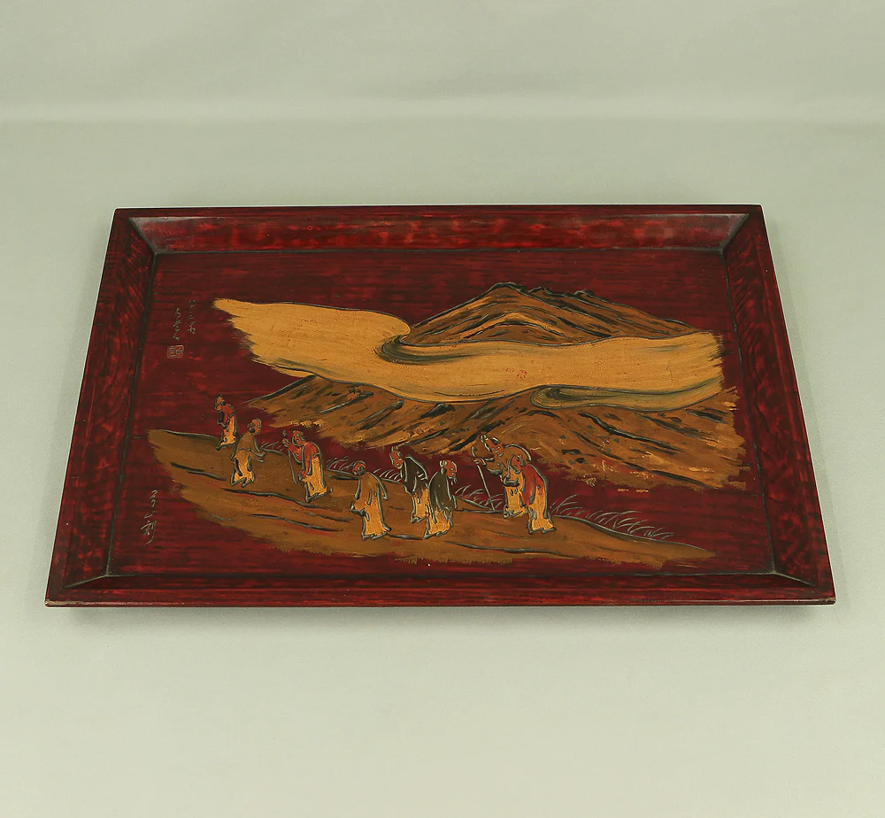 長谷川弓山 Hasegawa Kyuzan Engraving Square Tray "Eight Sages on Mountain Path" painting by 津田白印 Tsuda Hakuin / Japanese tea ceremony utensil VA417