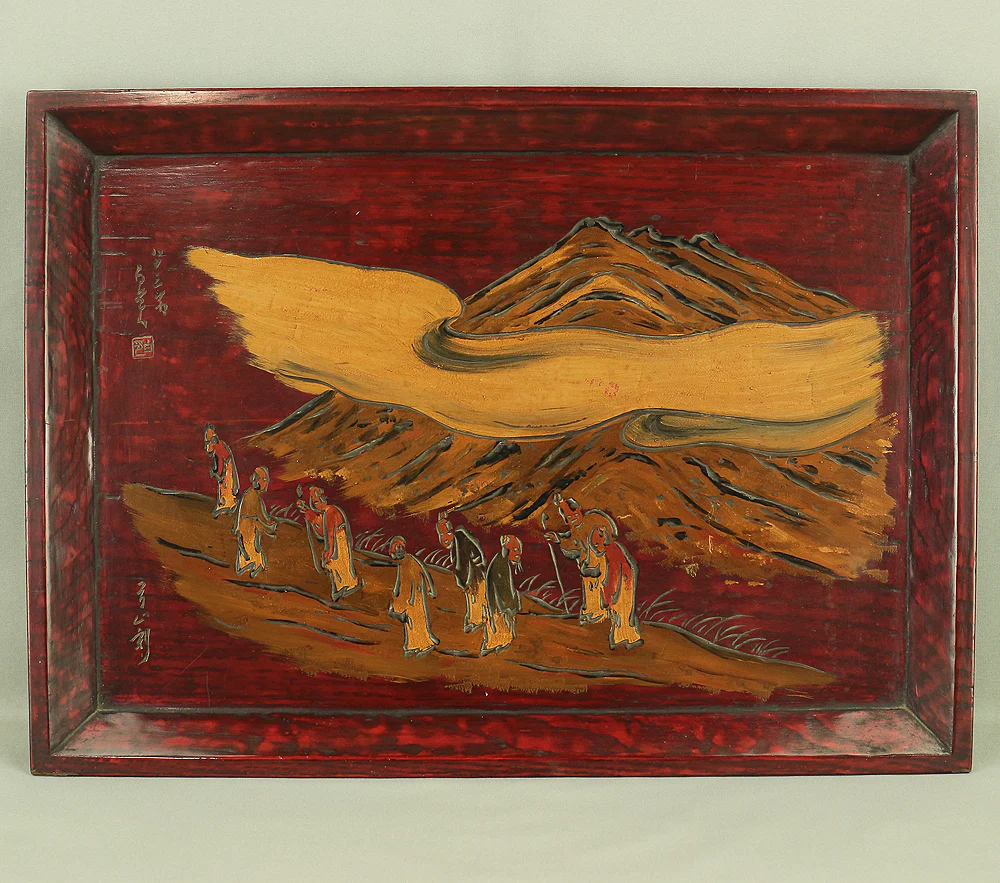 長谷川弓山 Hasegawa Kyuzan Engraving Square Tray "Eight Sages on Mountain Path" painting by 津田白印 Tsuda Hakuin / Japanese tea ceremony utensil VA417 - Image 7