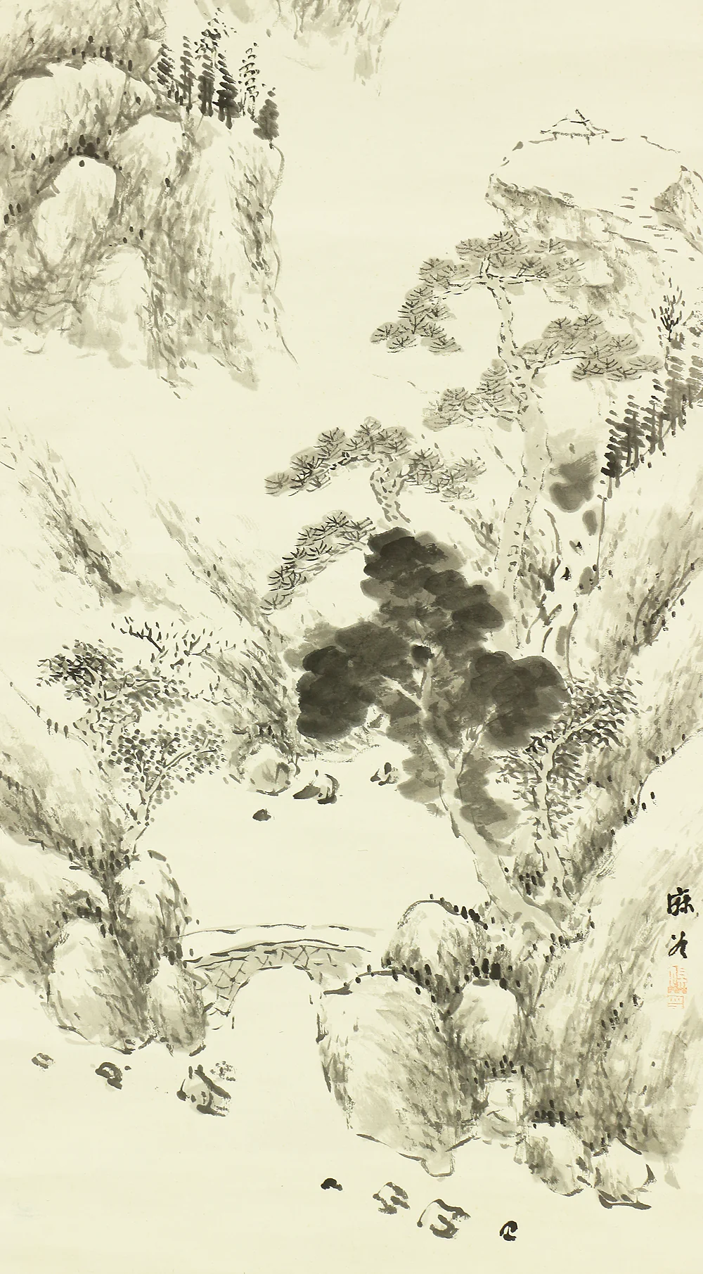 伊豆原麻谷 Izuhara Makoku (1778-1860) Japanese antique art kakejiku kakemono wall hanging scroll / Pine Tree Ravine Sansui Landscape RB550 - Image 7
