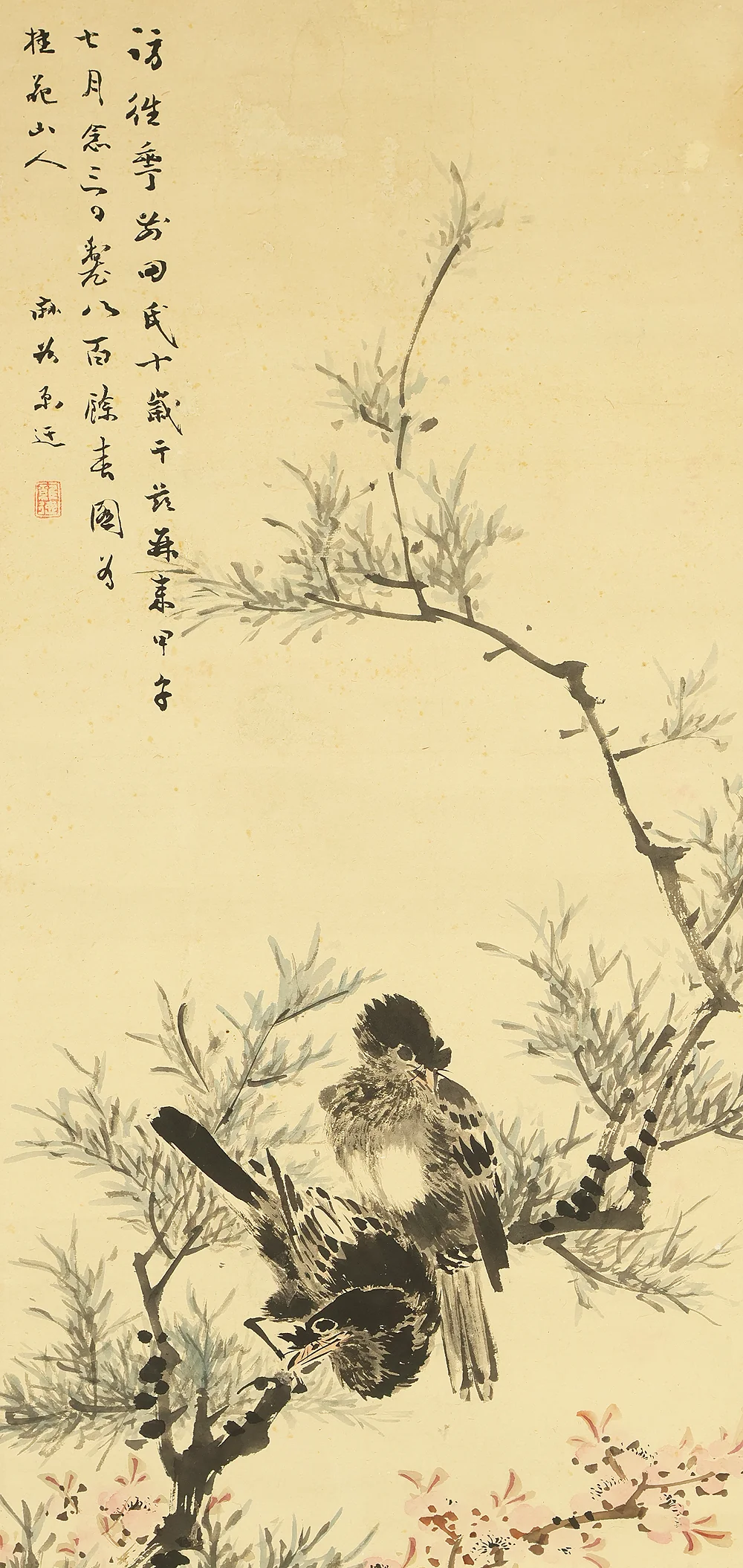 伊豆原麻谷 Izuhara Makoku (1778-1860) Japanese antique art kakejiku kakemono wall hanging scroll / Two Birds Perched on Plum Tree RE580 - Image 4