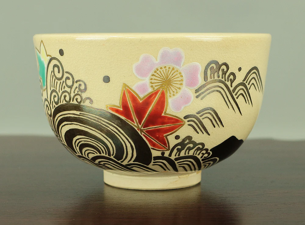 篠原百々和 Shinohara Dodokazu 'Kyo ware Cherry and Maple design (Unkin 雲錦) Matcha Tea Bowl' with Original Box (Tomobako) / Japanese Tea Ceremony Utensil VA141 - Image 6