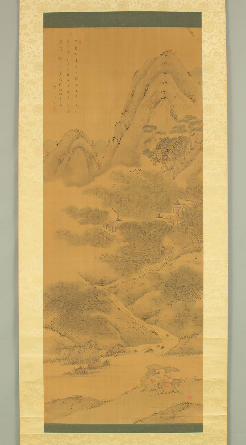 田能村竹田 Tanomura Chikuden (1777-1835) Japanese antique art kakejiku kakemono wall hanging scroll / Valley Landscape Bamboo Groves and Village with Appraised Box RD789