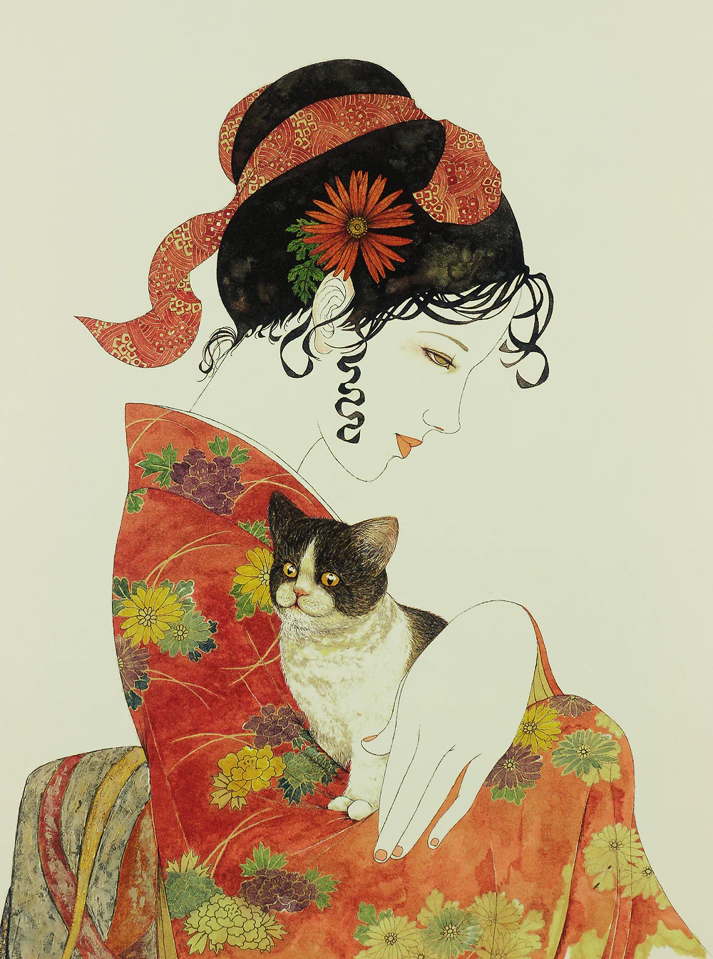 米倉斉加年 Yonekura Masakane ca 1970-90 Japanese Lithograph 'Koneko to akaikimono no musume'「子猫と赤い着物の娘」(Kitten and Red Kimono Girl) 20/250 NW409