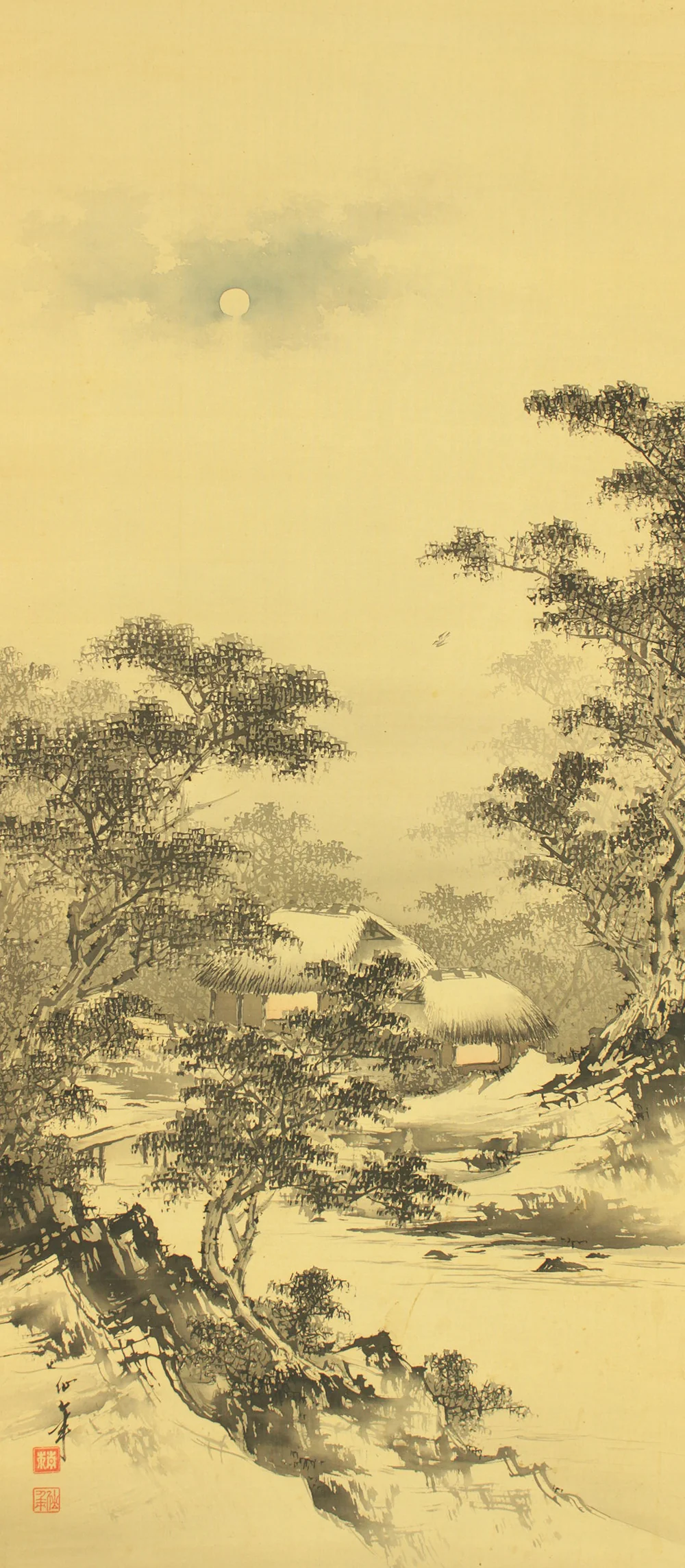 青木仙年 Aoki Sennen Japanese art kakejiku kakemono wall hanging scroll / Mountain Village Under Moonlight Landscape Sansui with Box RD650 - Image 4
