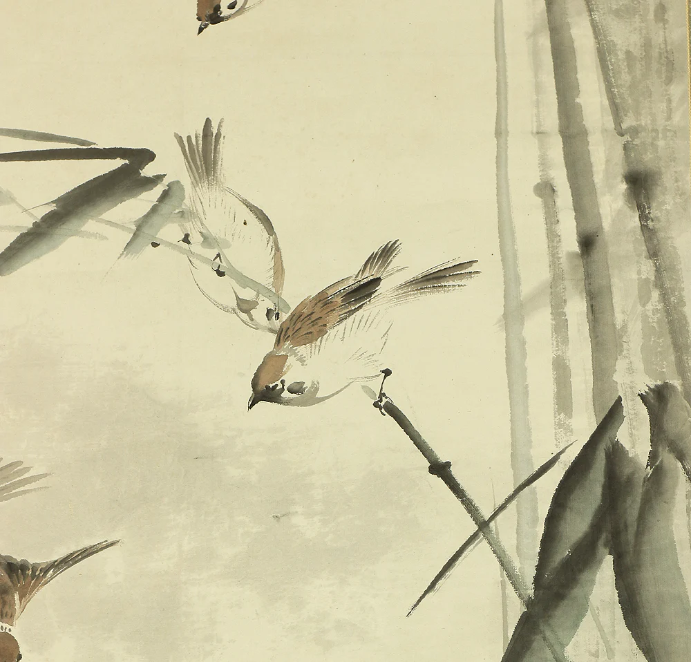 荒木寛畝 Araki Kanpo (1831-1915) Japanese art kakejiku kakemono wall hanging scroll / Many Sparrows Happily Playing in Bamboo Grove with Original Box (Tomobako) RC292 - Image 11