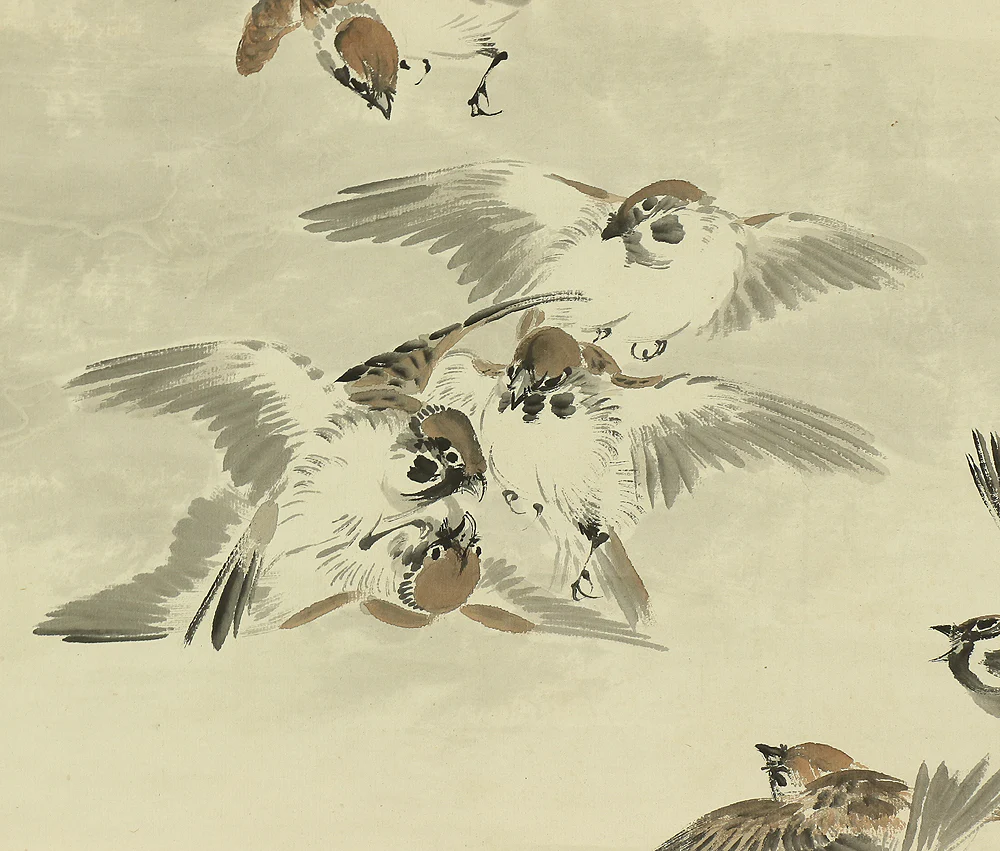 荒木寛畝 Araki Kanpo (1831-1915) Japanese art kakejiku kakemono wall hanging scroll / Many Sparrows Happily Playing in Bamboo Grove with Original Box (Tomobako) RC292 - Image 12