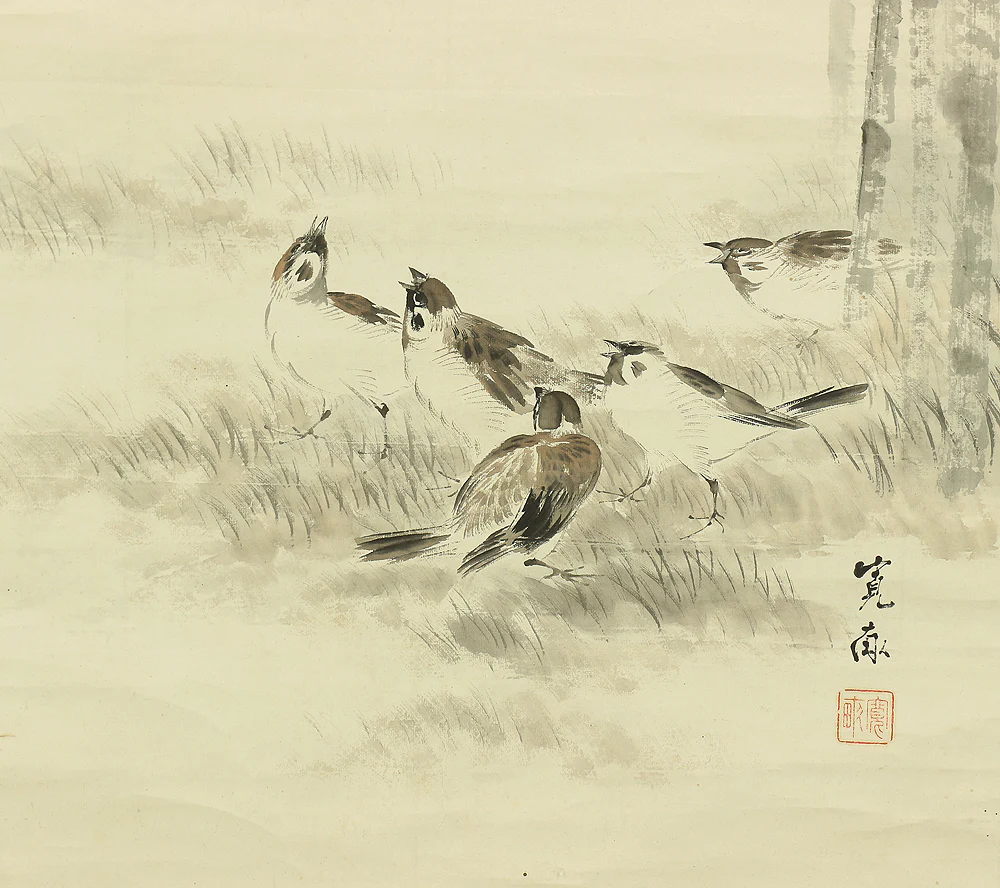 荒木寛畝 Araki Kanpo (1831-1915) Japanese art kakejiku kakemono wall hanging scroll / Many Sparrows Happily Playing in Bamboo Grove with Original Box (Tomobako) RC292 - Image 14