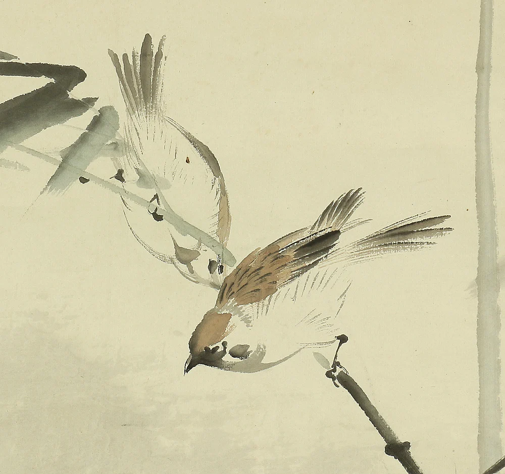 荒木寛畝 Araki Kanpo (1831-1915) Japanese art kakejiku kakemono wall hanging scroll / Many Sparrows Happily Playing in Bamboo Grove with Original Box (Tomobako) RC292 - Image 7