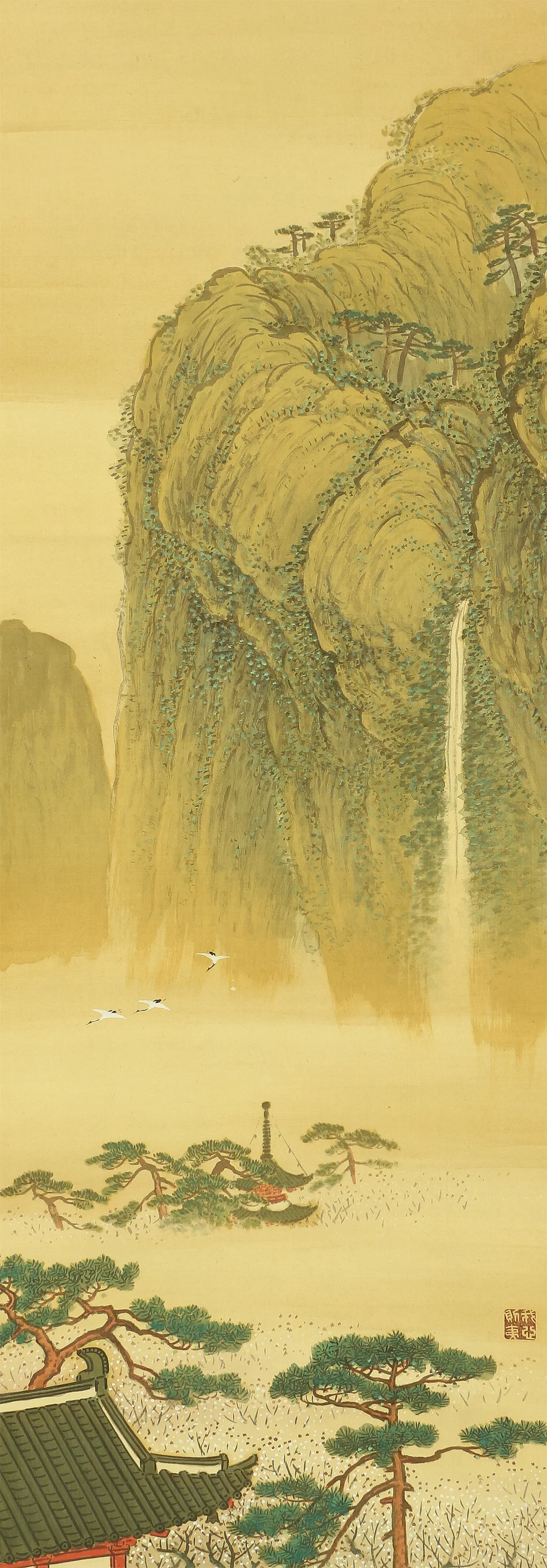 千種掃雲 Chigusa Soun (1873-1944) Japanese art paired kakejiku kakemono wall hanging scrolls / Mount Horai Landscape Rising Sun Three Cranes Pine Tree Plum with Box RA827 - Image 4