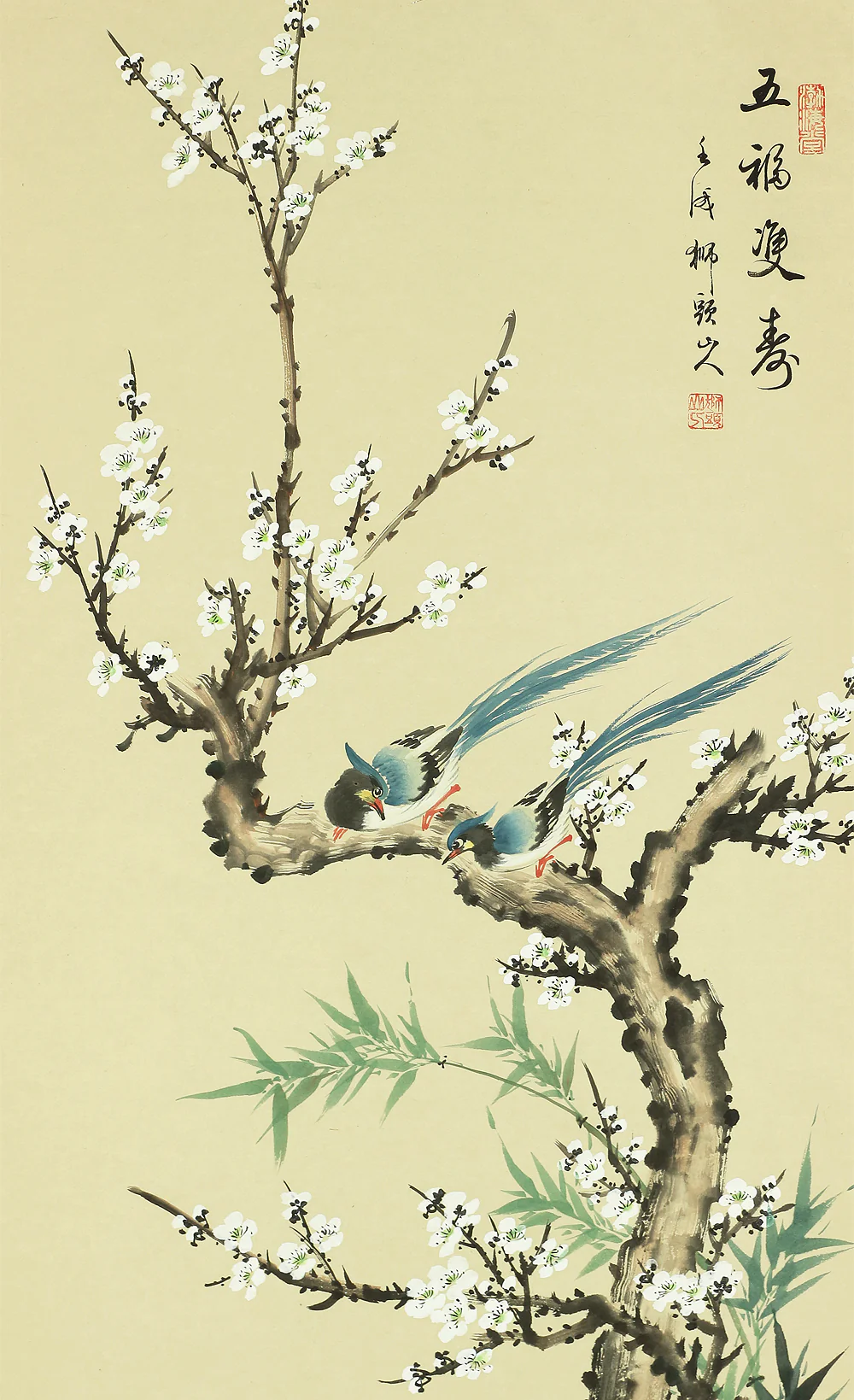 獅頭山人 Chinese art kakejiku kakemono wall hanging scroll / Flowers & Birds with Original Box (Tomobako) A186