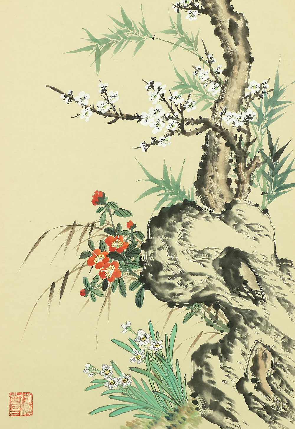 獅頭山人 Chinese art kakejiku kakemono wall hanging scroll / Flowers & Birds with Original Box (Tomobako) A186 - Image 9