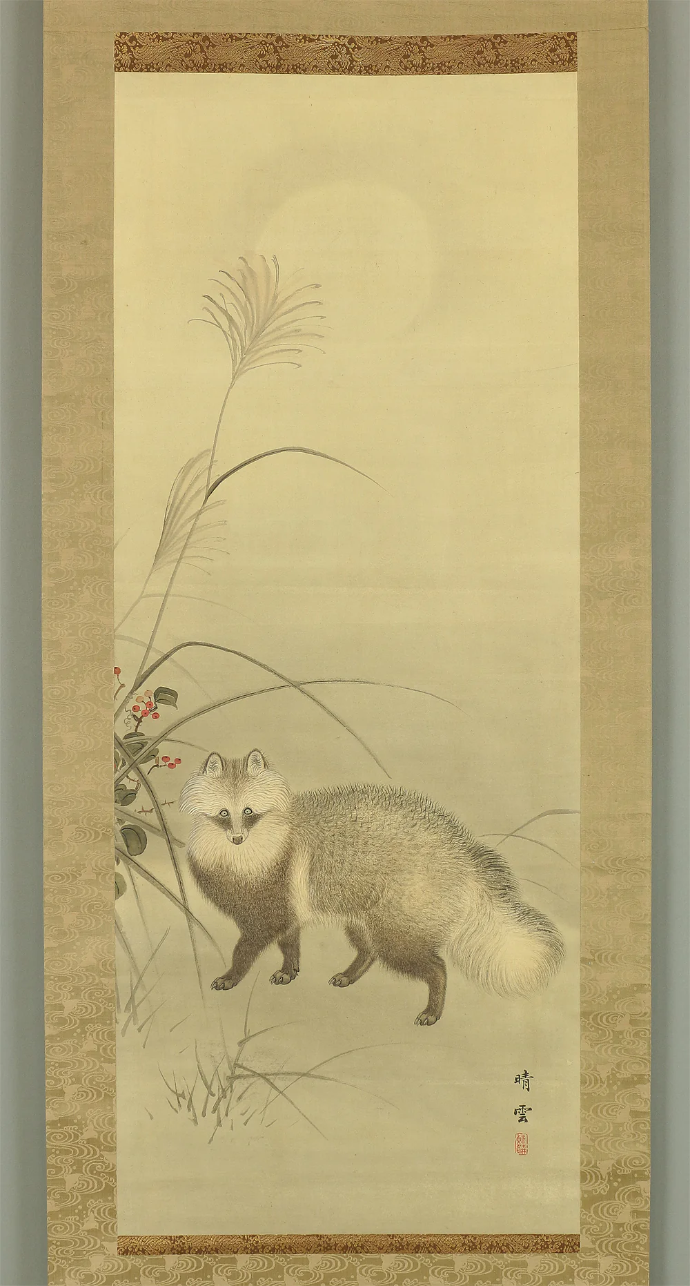 江森晴雲 Emori Seiun (b1854) Japanese antique art kakejiku kakemono wall hanging scroll / Raccoon Dog under Moon with Box A997 - Image 3