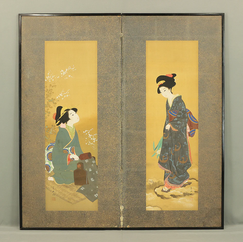 不動立山 Fudō Ritsuzan (1886-1975) Japanese Byobu Folding Screen Room divider 2 panels / Two Kimono Beautiful Women, White Bush Clovers, and Narcissus VA213
