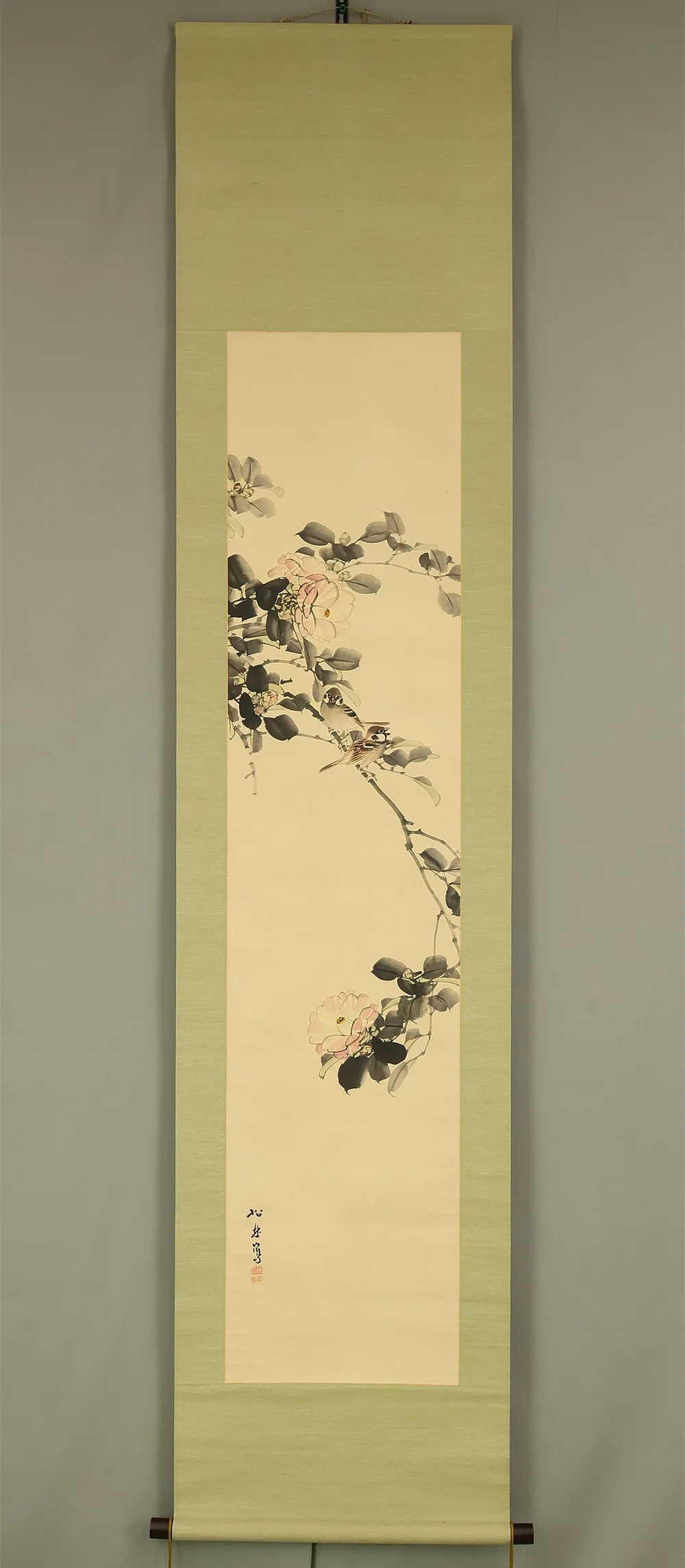 藤井松林 Fujii Shorin (1824-1894) Japanese art kakejiku kakemono wall hanging scroll / Red Camellia and Two Sparrows RE234 - Image 2
