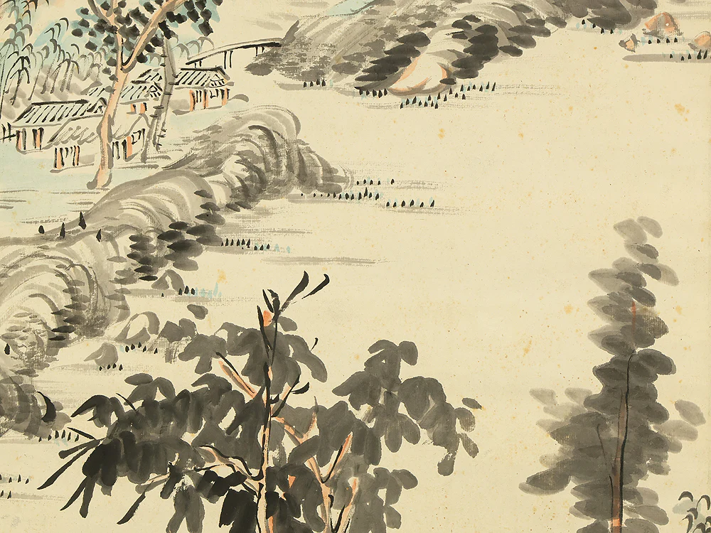 藤本鉄石 Fujimoto Tesseki (1816-1863) Japanese antique art kakejiku kakemono wall hanging scroll / Mountains and Riverside Village Landscape Sansui with Box RD834 - Image 19