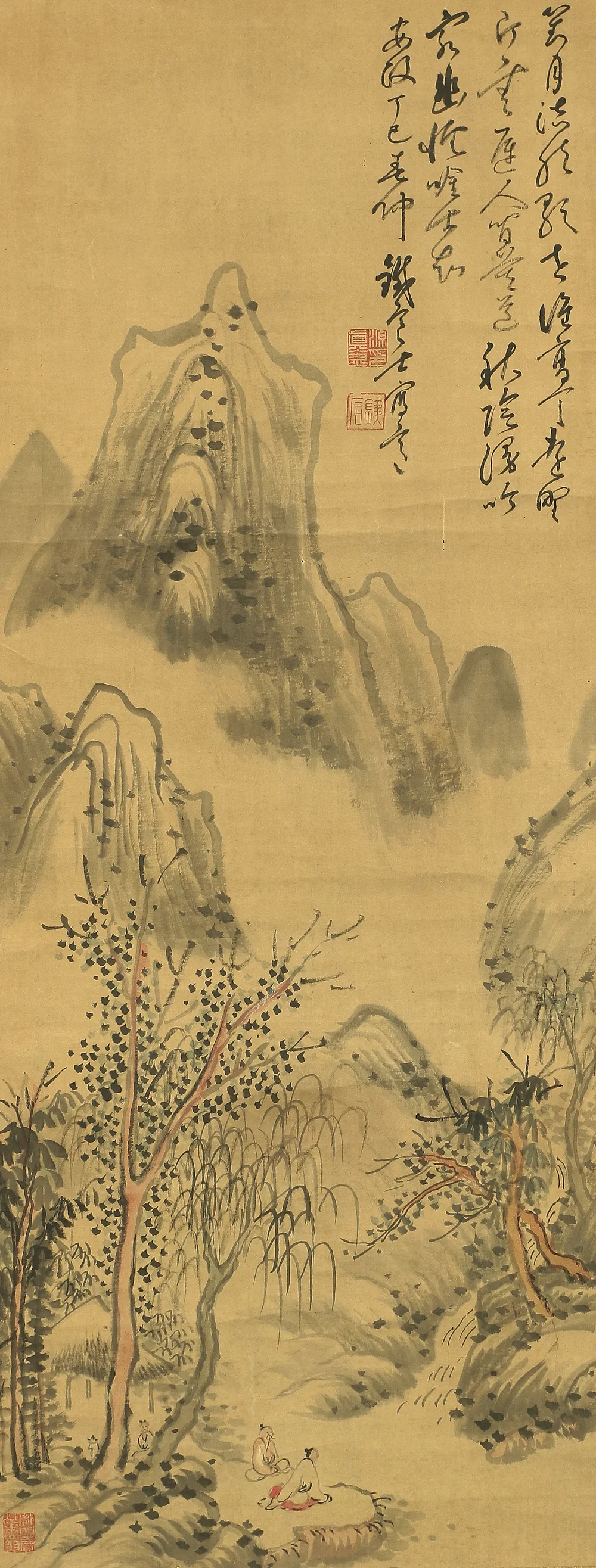 藤本鉄石 Fujimoto Tesseki (1816-1863) Japanese antique art kakejiku kakemono wall hanging scroll / Willow and Sage Landscape Sansui A944 - Image 5