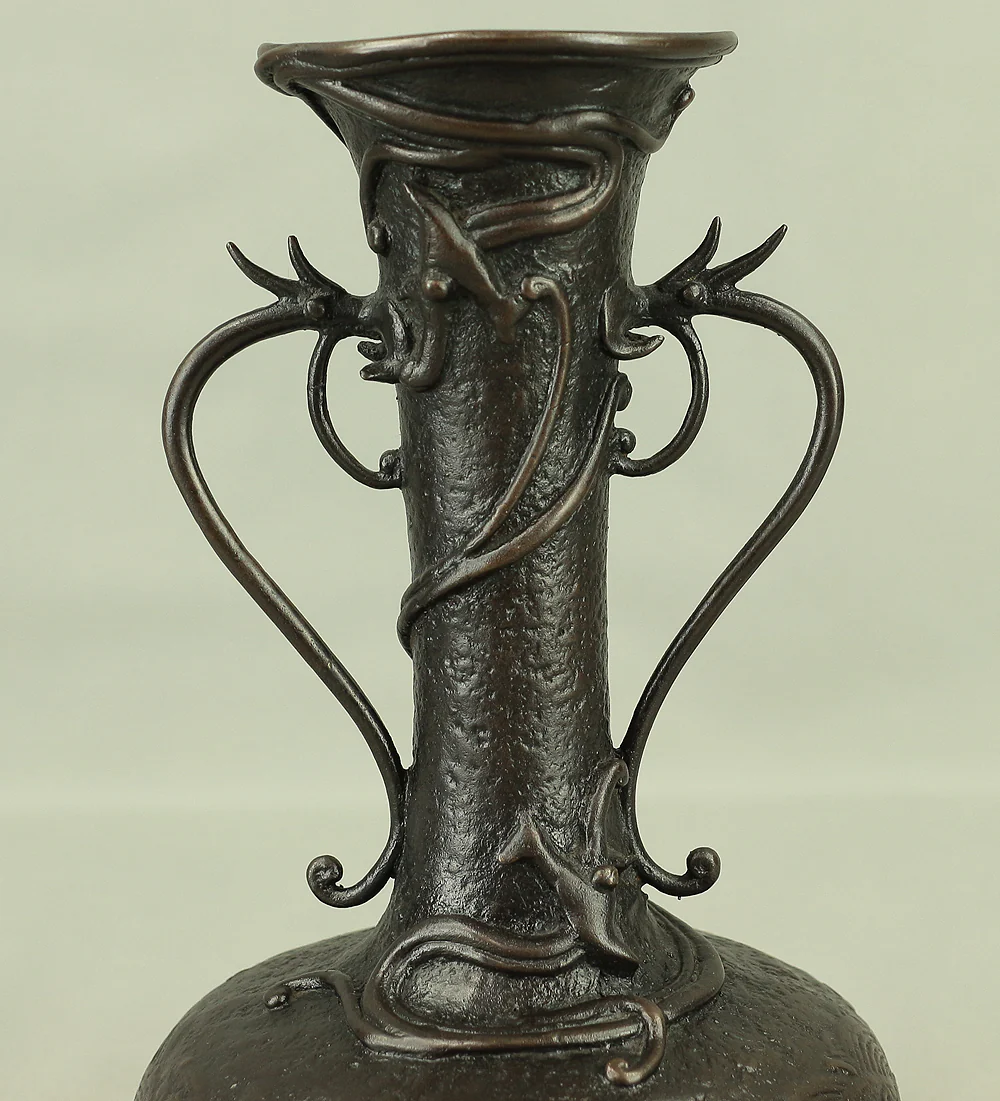 福島宗秀 Fukushima Soshu (b 1948) Dragon Coil Lost-Wax Bronze Flower Vase with Original Box (Tomobako) VA475 - Image 10