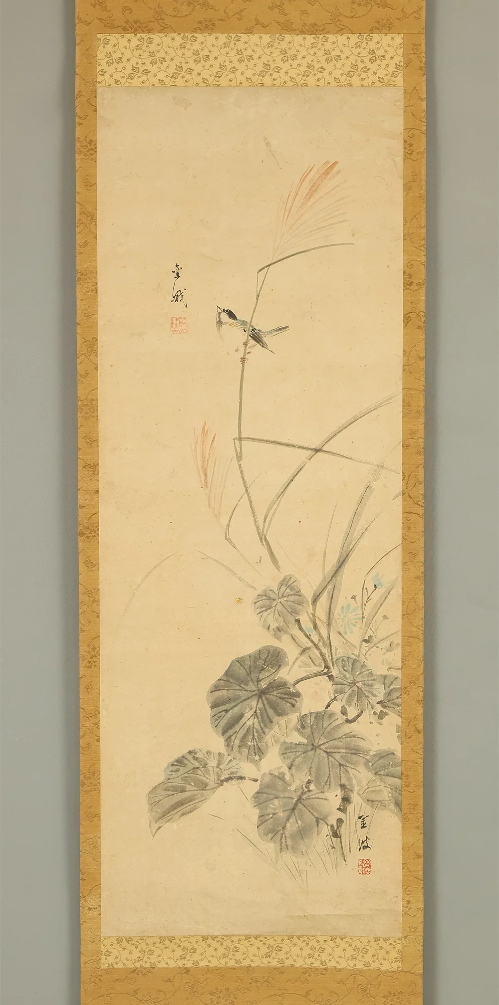 古市金峨 Furuichi Kinga (1805-1880) 岡本金波 Okamoto Kinpa (1823-1896) Japanese art Paired kakejiku kakemono wall hanging scrolls / Collaboration work - Java Sparrow, Spring Wisteria Flowers Autumn Silver Grass with Box RE607 - Image 16