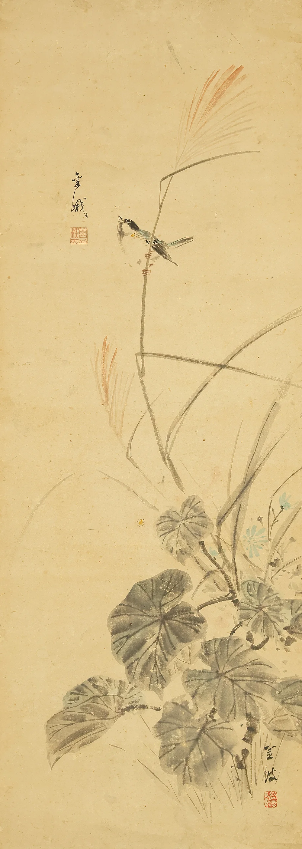 古市金峨 Furuichi Kinga (1805-1880) 岡本金波 Okamoto Kinpa (1823-1896) Japanese art Paired kakejiku kakemono wall hanging scrolls / Collaboration work - Java Sparrow, Spring Wisteria Flowers Autumn Silver Grass with Box RE607 - Image 18