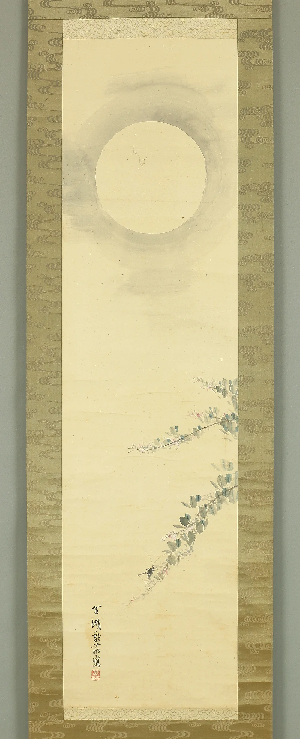 古市金峨 Furuichi Kinga Japanese antique art Paired kakejiku kakemono wall hanging scrolls / Rising Sun, Flying Crow, Moon, Cricket, and Autumn Flowers with Box W991 - Image 11