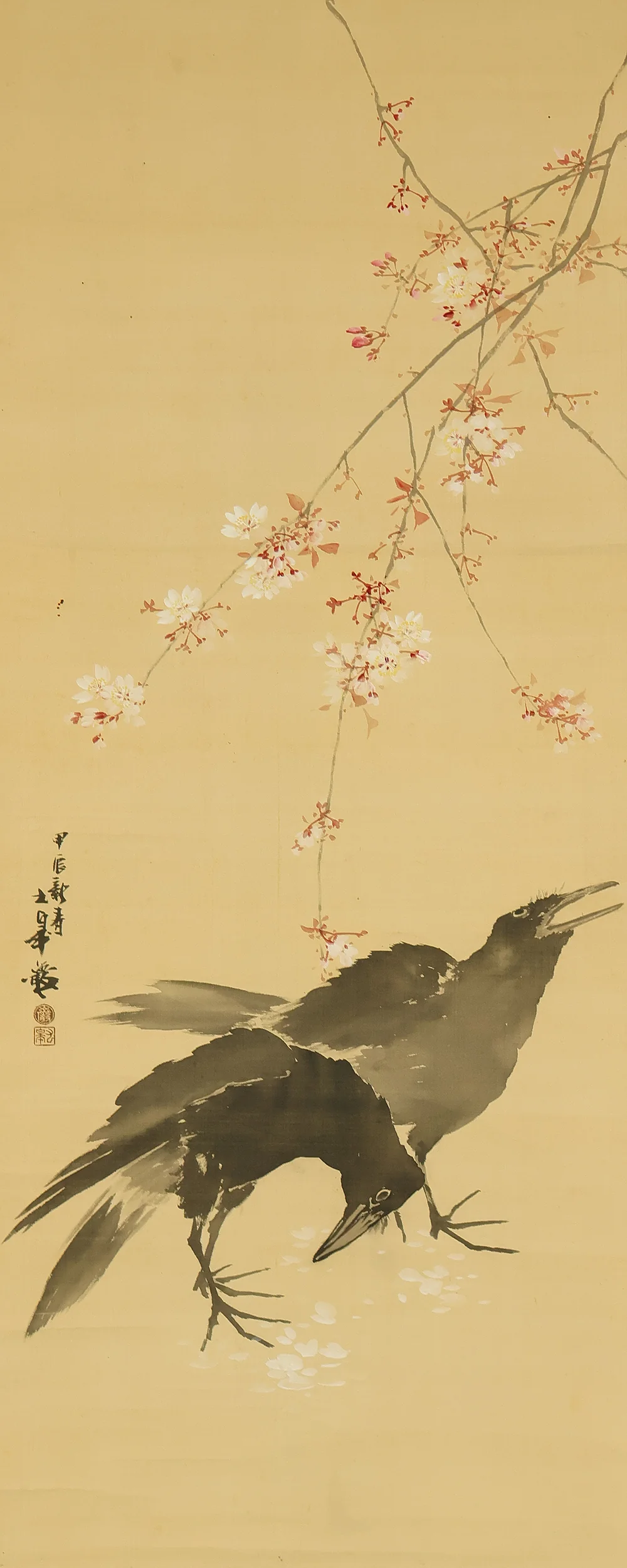 萩尾九皐 Hagio Kyuko (1862-1922) Japanese antique art kakejiku kakemono wall hanging scroll / Weeping Cherry Blossoms and Two Crows with Box RE922 - Image 4