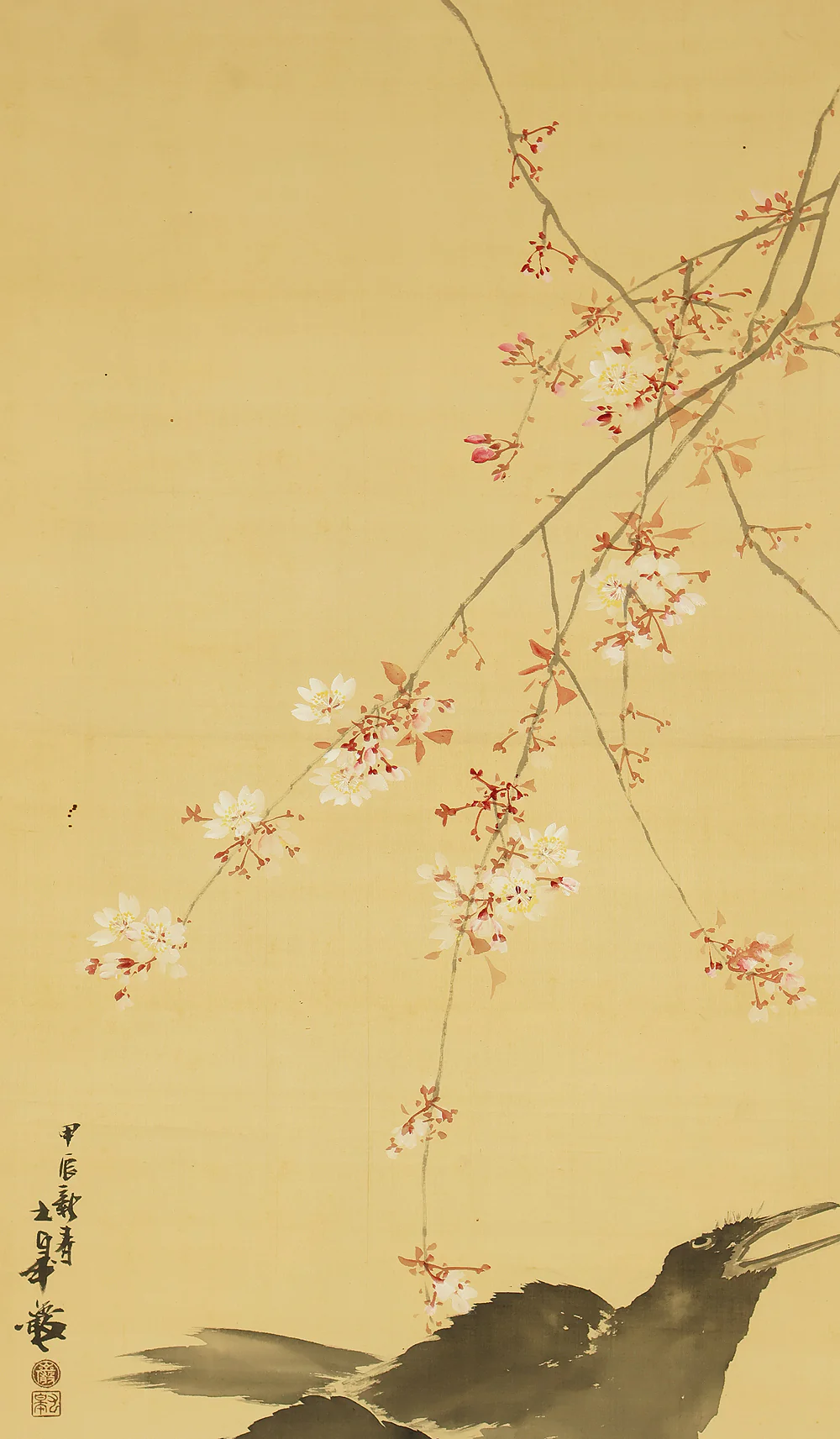萩尾九皐 Hagio Kyuko (1862-1922) Japanese antique art kakejiku kakemono wall hanging scroll / Weeping Cherry Blossoms and Two Crows with Box RE922 - Image 5