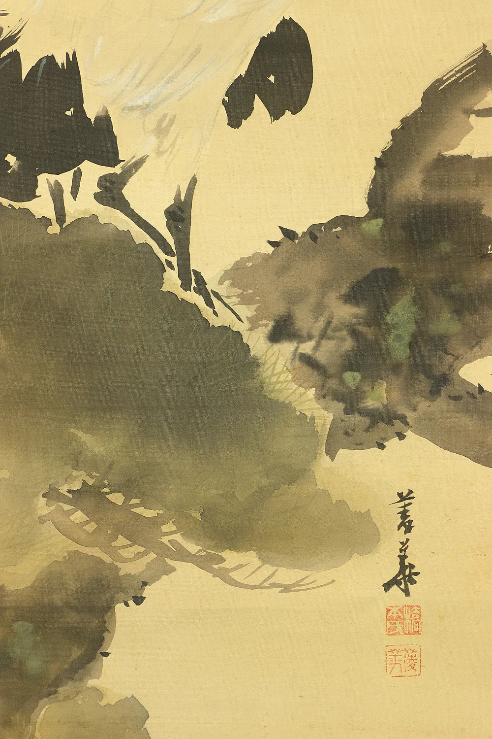 橋本菱華 Hashimoto Ryoka Japanese art a set of three kakejiku kakemono wall hanging scrolls / Rising Sun and Plum Blossoms, Crane and Pine, Turtle and Bamboo with Box RB962 - Image 10