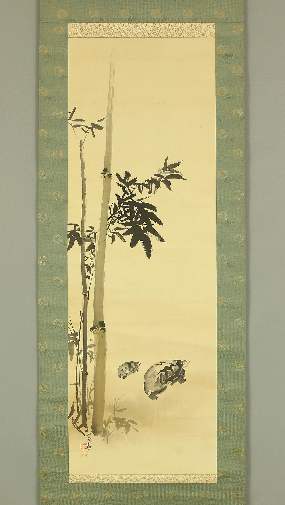 橋本菱華 Hashimoto Ryoka Japanese art a set of three kakejiku kakemono wall hanging scrolls / Rising Sun and Plum Blossoms, Crane and Pine, Turtle and Bamboo with Box RB962 - Image 25