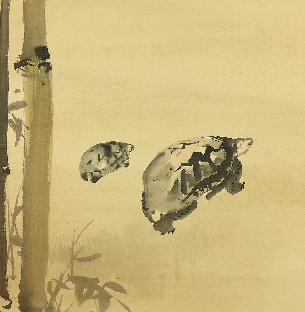 橋本菱華 Hashimoto Ryoka Japanese art a set of three kakejiku kakemono wall hanging scrolls / Rising Sun and Plum Blossoms, Crane and Pine, Turtle and Bamboo with Box RB962 - Image 29