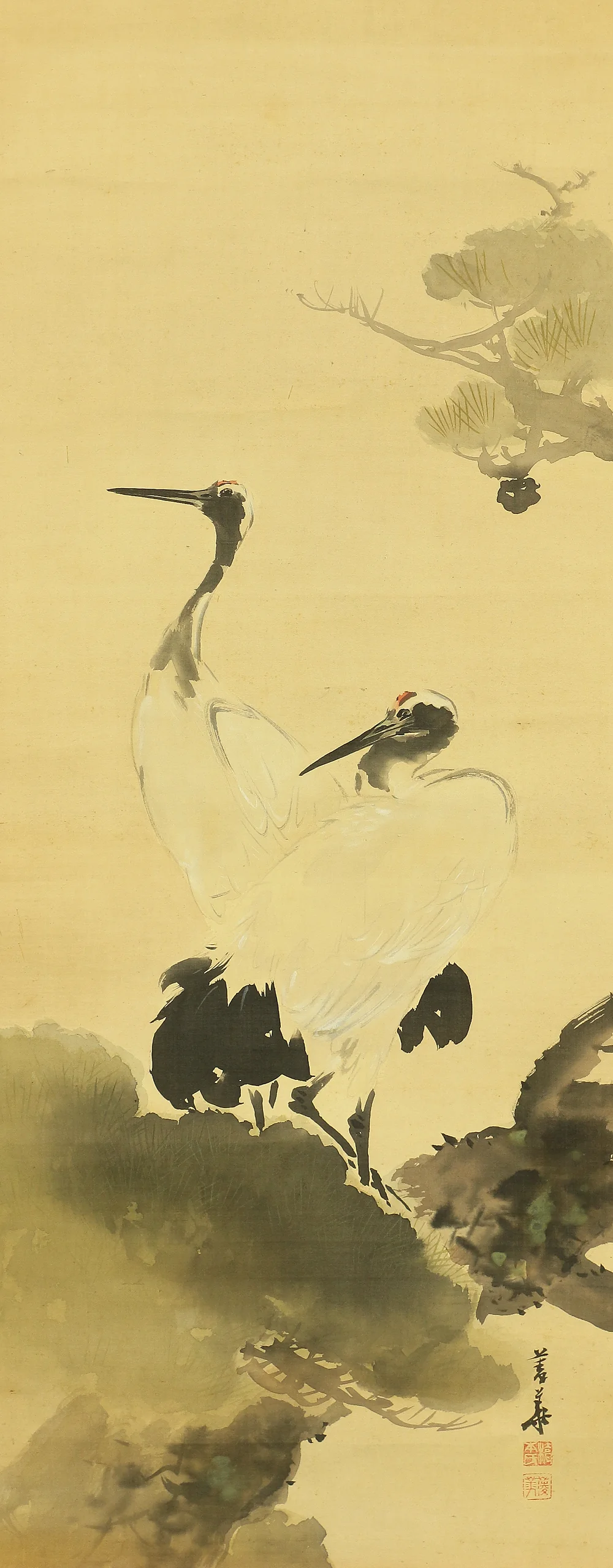 橋本菱華 Hashimoto Ryoka Japanese art a set of three kakejiku kakemono wall hanging scrolls / Rising Sun and Plum Blossoms, Crane and Pine, Turtle and Bamboo with Box RB962 - Image 4