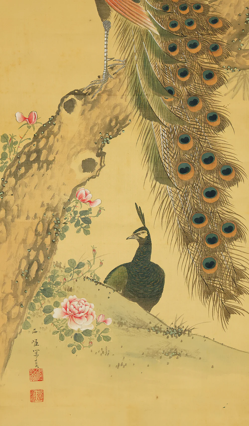 羽様西崕 Hazama Seigai (1811-1878) Japanese antique art kakejiku kakemono wall hanging scroll / Peafowl Pine Tree and Rose with Box RE941 - Image 14