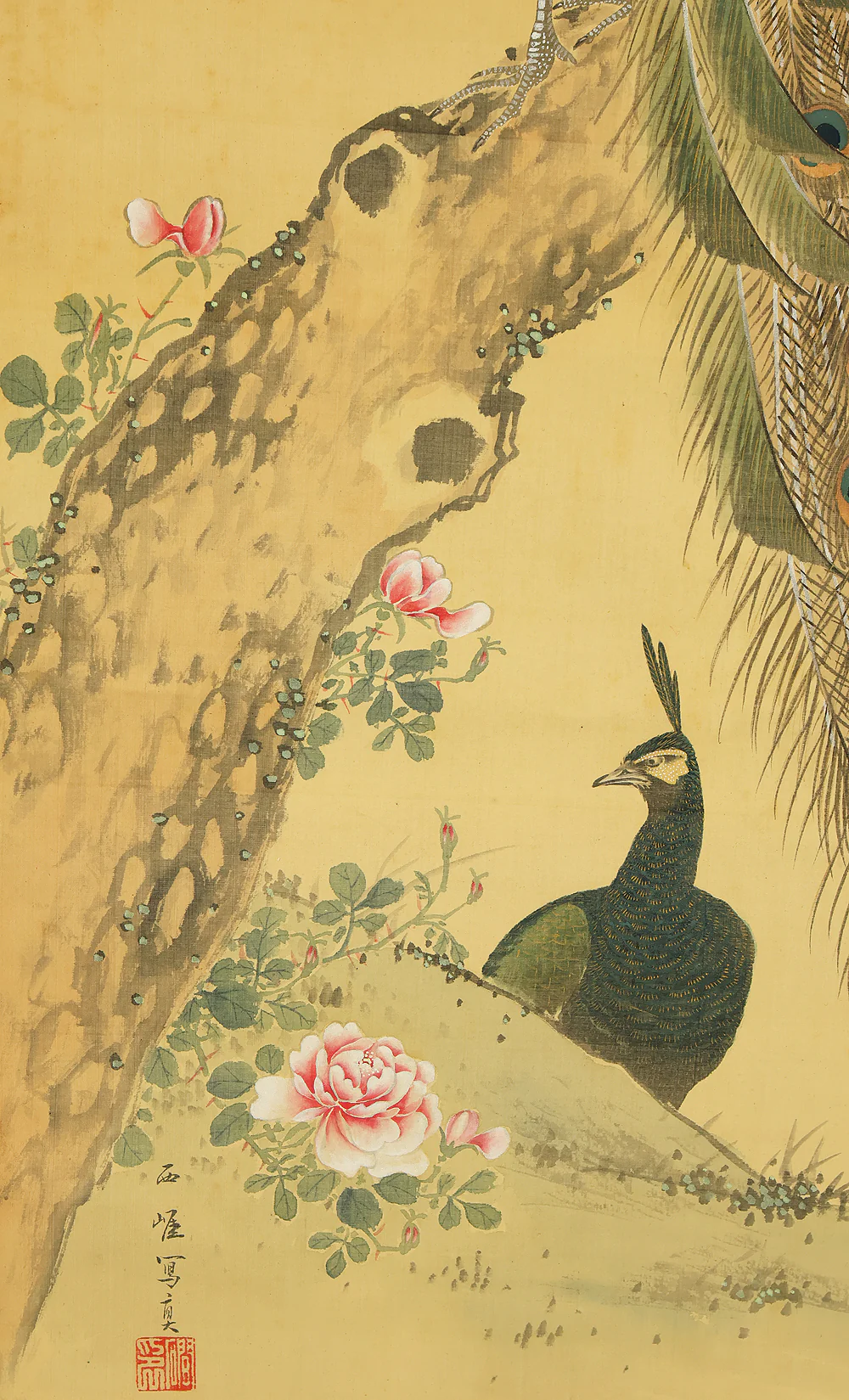 羽様西崕 Hazama Seigai (1811-1878) Japanese antique art kakejiku kakemono wall hanging scroll / Peafowl Pine Tree and Rose with Box RE941 - Image 15