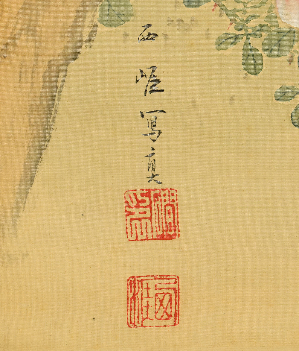 羽様西崕 Hazama Seigai (1811-1878) Japanese antique art kakejiku kakemono wall hanging scroll / Peafowl Pine Tree and Rose with Box RE941 - Image 19