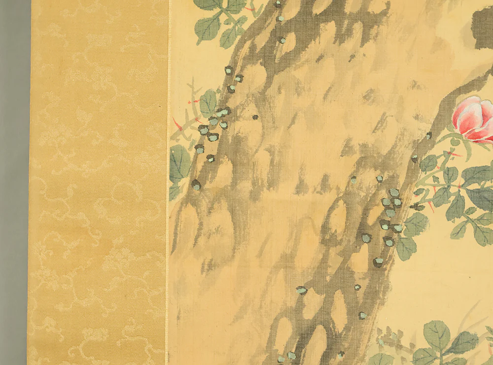 羽様西崕 Hazama Seigai (1811-1878) Japanese antique art kakejiku kakemono wall hanging scroll / Peafowl Pine Tree and Rose with Box RE941 - Image 21