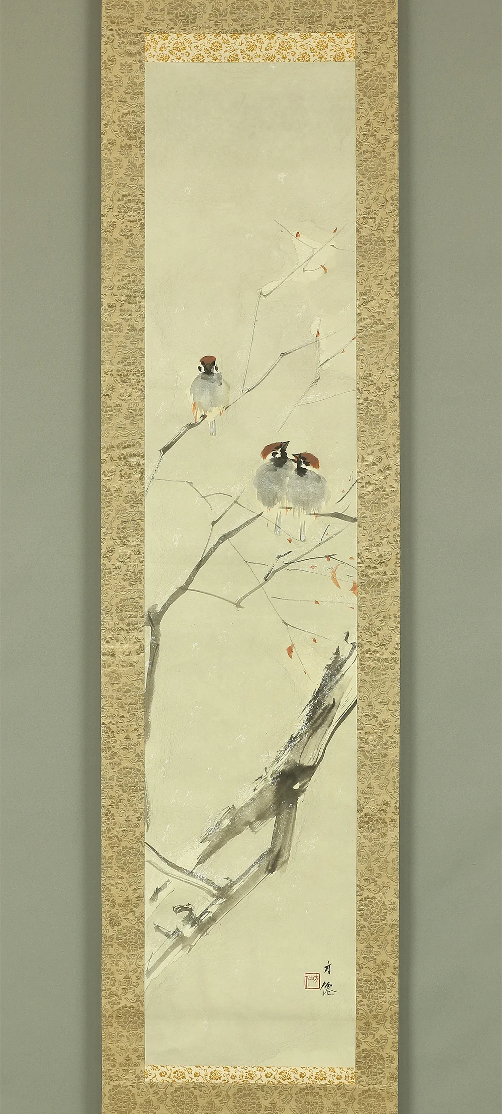 東原方僊 Higashihara Hosen (1886-1972) Japanese art kakejiku kakemono wall hanging scroll / Winter Snow and Three Sparrows with Original Double Box (Tomobako) RB440 - Image 3