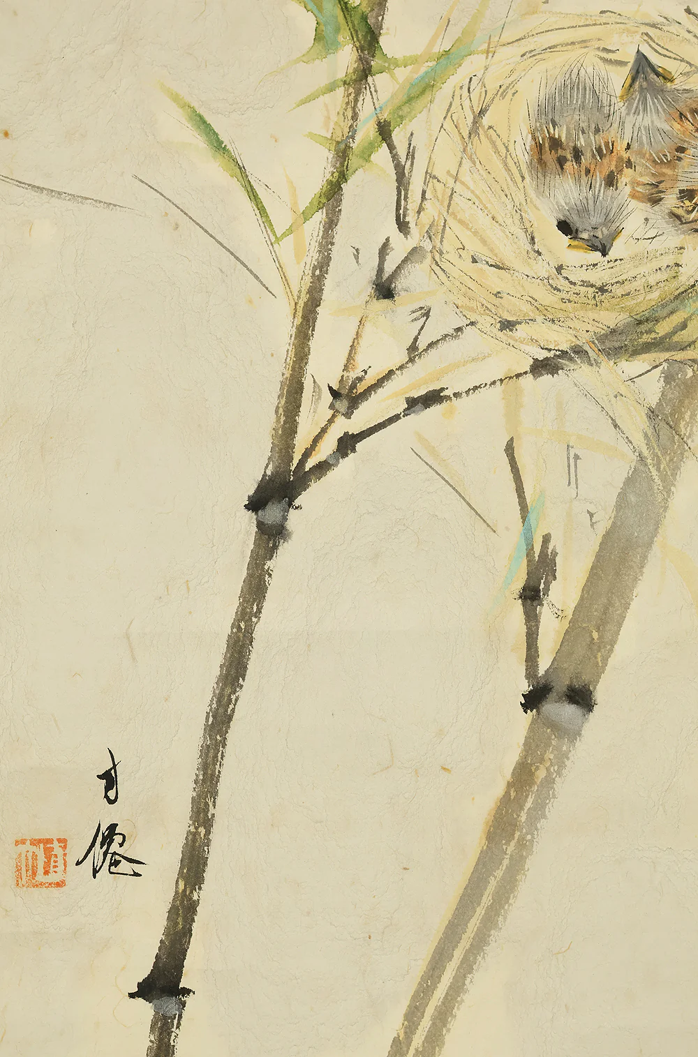 東原方僊 Higashihara Hosen (1886-1972) Japanese art kakejiku kakemono wall hanging scroll / Bamboo, Two Sparrow Chicks in Nest RE937 - Image 10