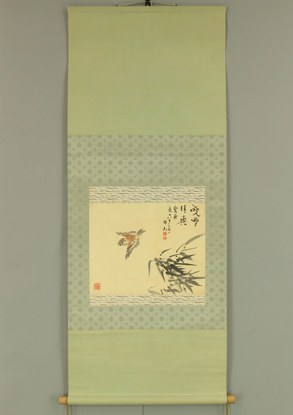姫島竹外 Himejima Chikugai (1840-1928) Japanese antique art kakejiku kakemono wall hanging scroll / Sparrow and Bamboo with Appraised Box RD364 - Image 2